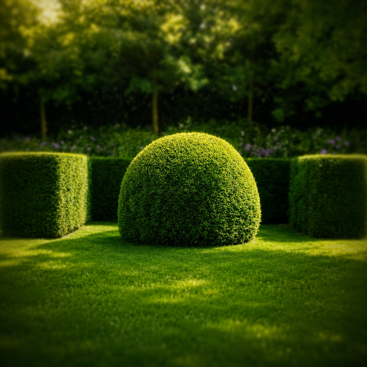 Verzorgde tuin met strak gesnoeide buxus door Tuinen Decoster